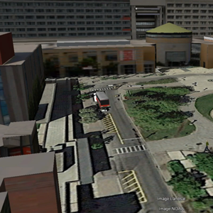 3D model image of Vari Hall and the York University bus loop from above